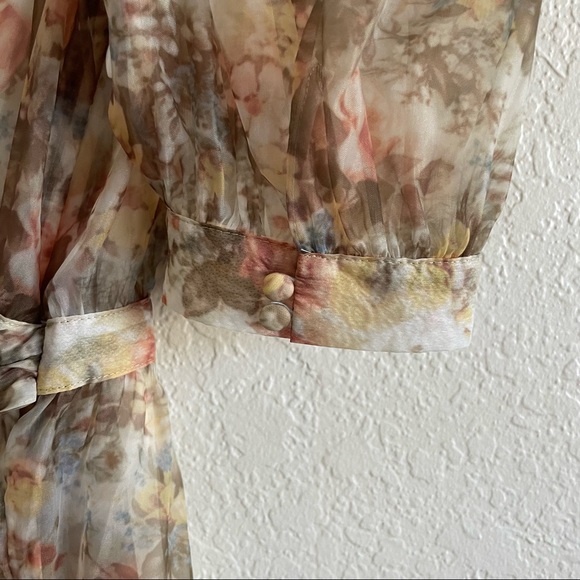DANIELLE BERNSTEIN Printed Organza Puff-Sleeve Mini Dress Beige MED NWT